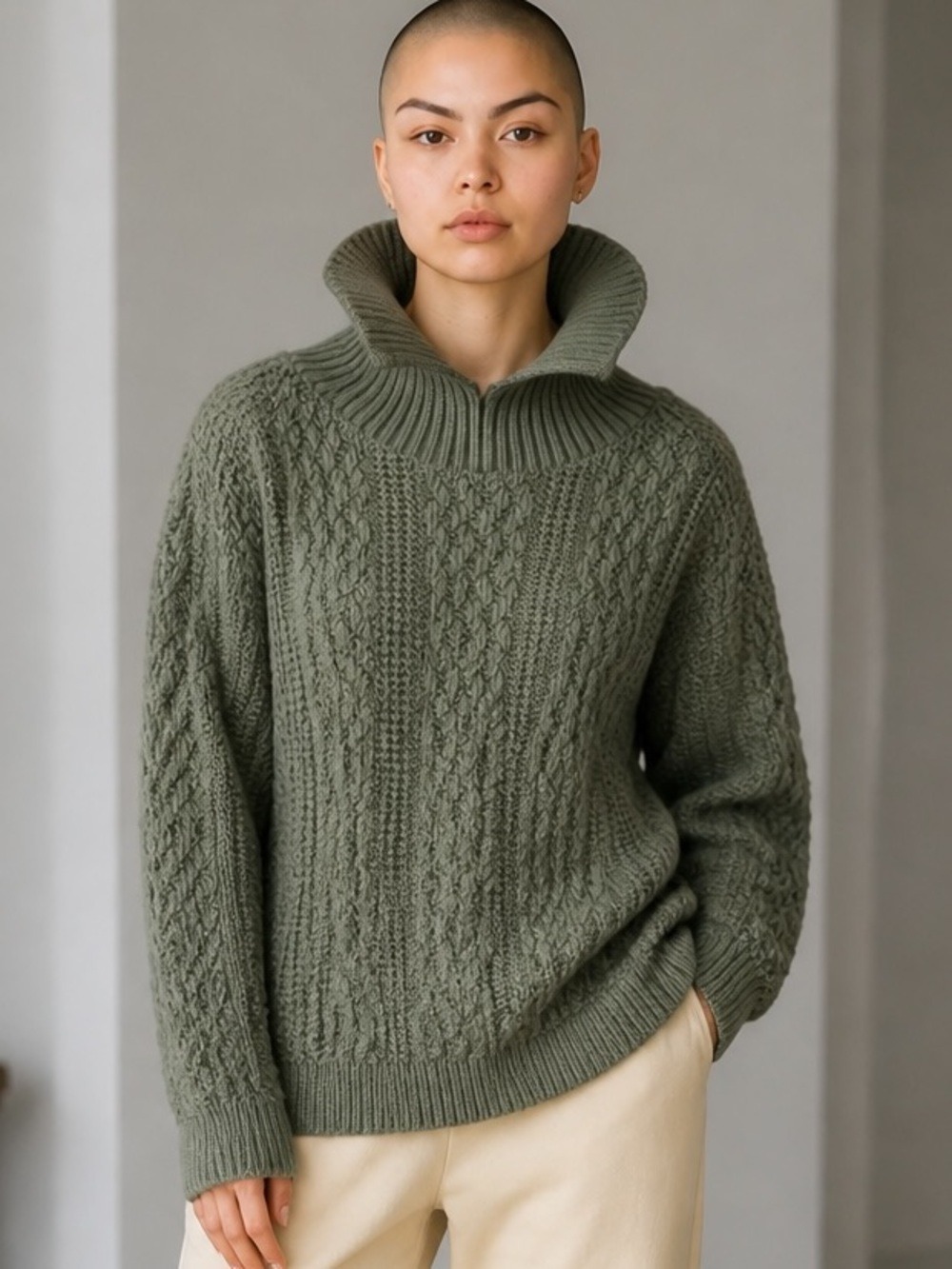 1962 JC PENNEYS OLIVE GREEN HIGH COLLAR CABLE KNIT SWEATER 3/4 SLEEVE MCM SZ L